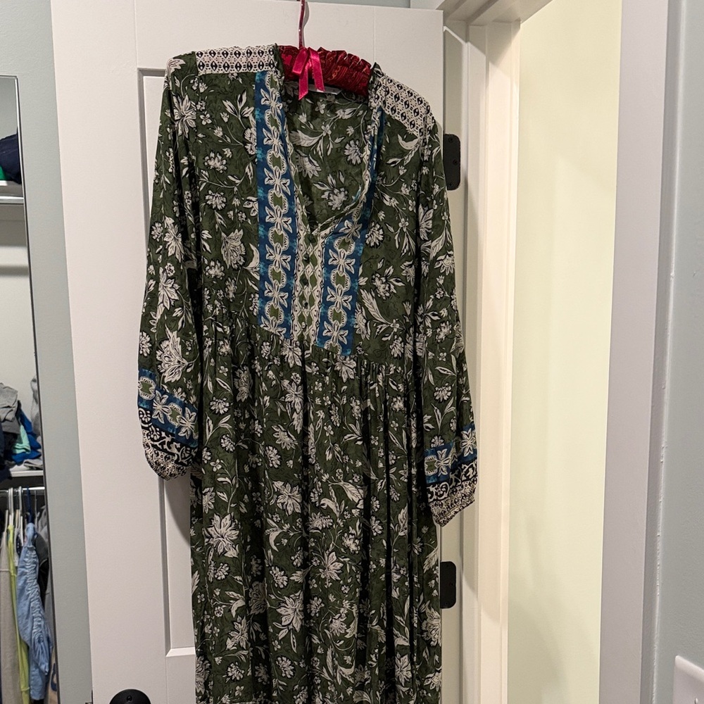 Zara Olive Green Floral Maxi Dress with Blue Trim
